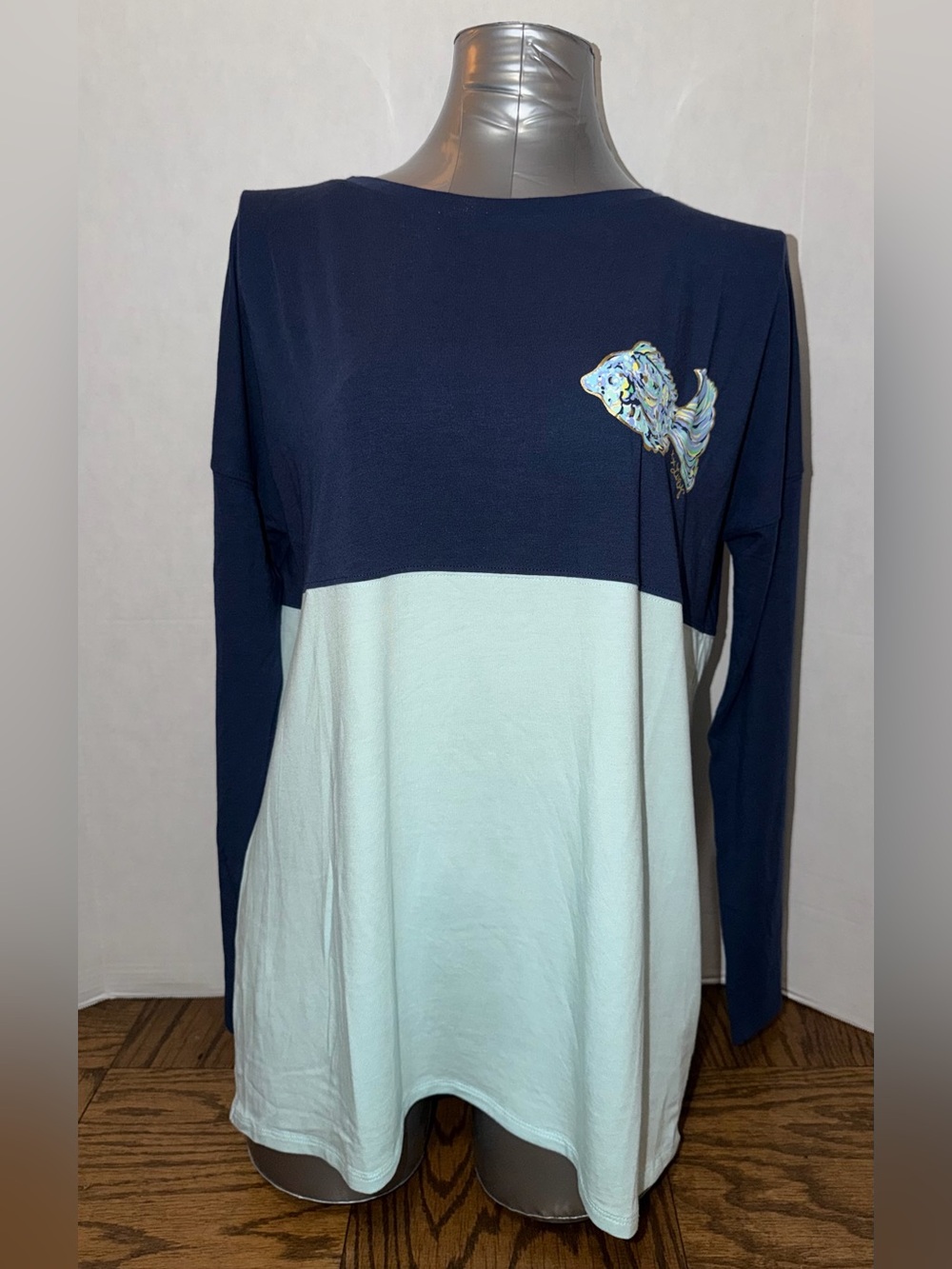 Lilly Pulitzer Navy and Light Blue Colorblock Long Sleeve Top with Fish Patch